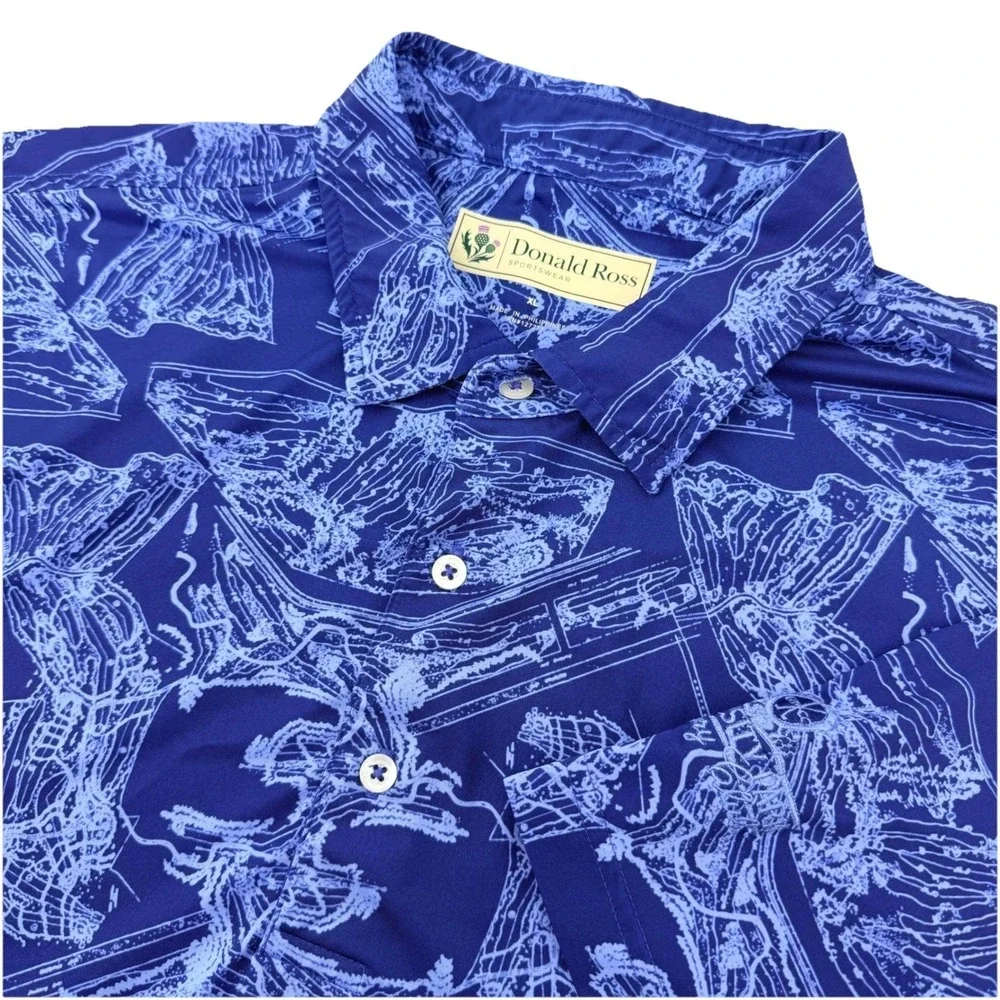 Donald Ross Polo Shirt Mens XL Blue Topographical Print Performance Golf Stretch